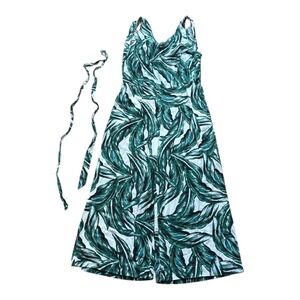 WHO WHAT WEAR Tropical Leaf Print Halter Jumpsuit Wide Leg Women's Size M